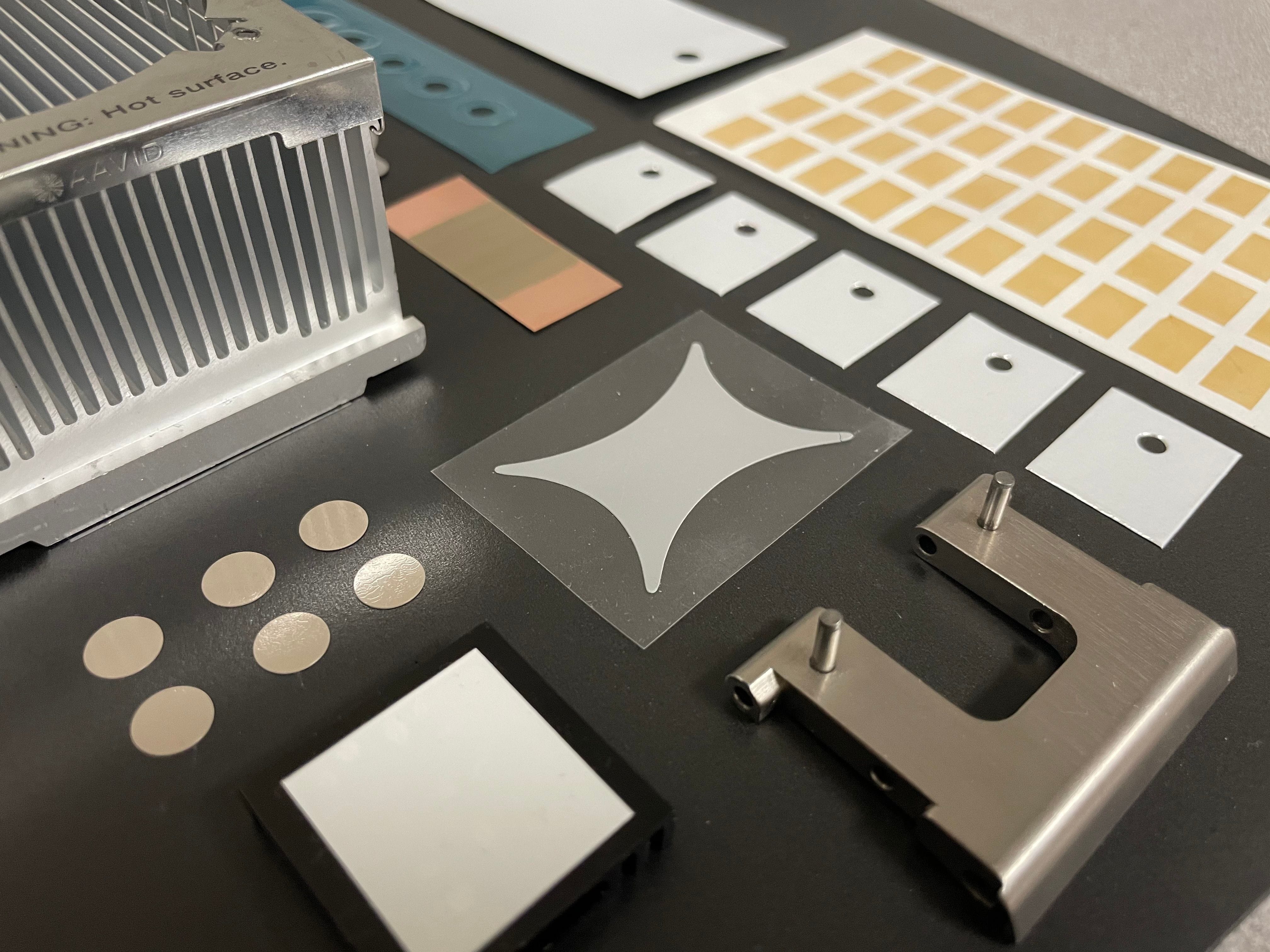 Thermal Interface Material and Adhesive Film prototypes for product development.  Includes a range of thermal material and adhesives from heat activated and PSA